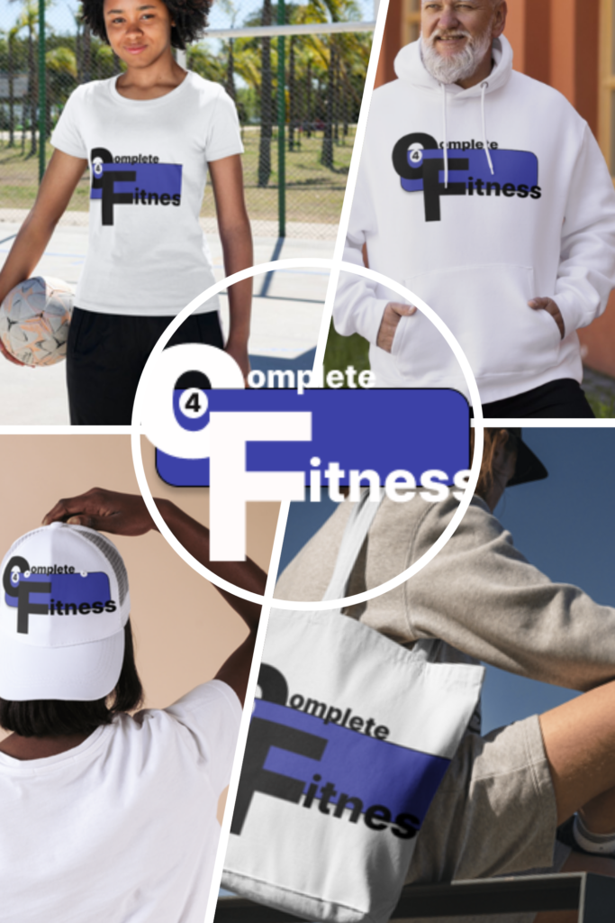 photo collage of people wearing  complete 4 fitness clothes gut with a white hat, a women with a white bag , a girl with a white t-shirt on in a park.& a guy with a white hoodie on . all have brand logo black writing  and blue back ground