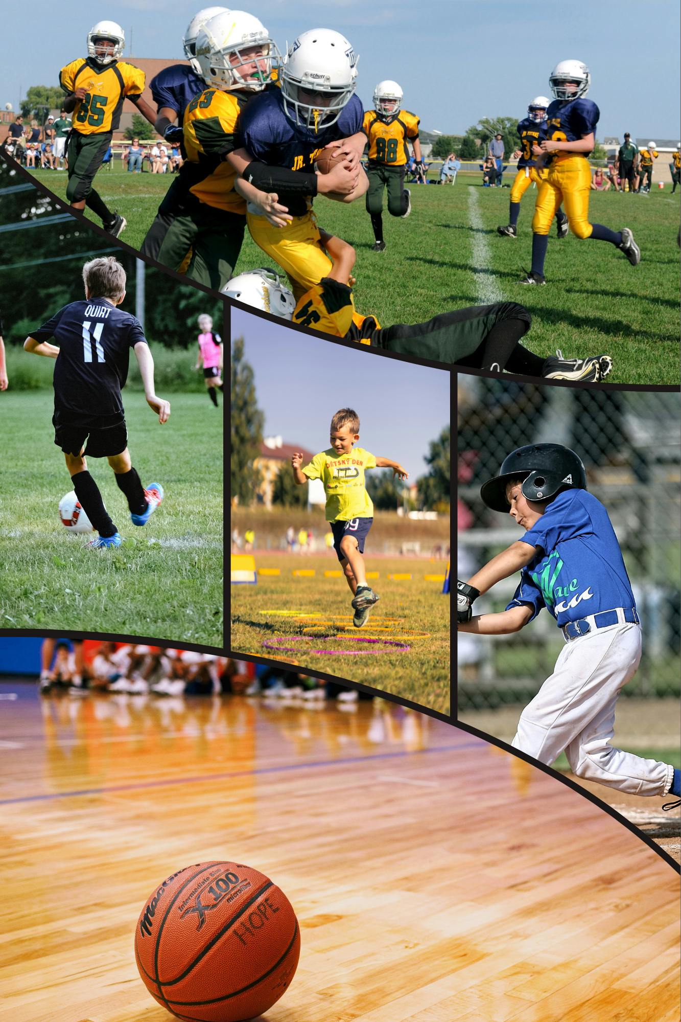 collage of sports pictures ,football, soccer, baseball, basket ball